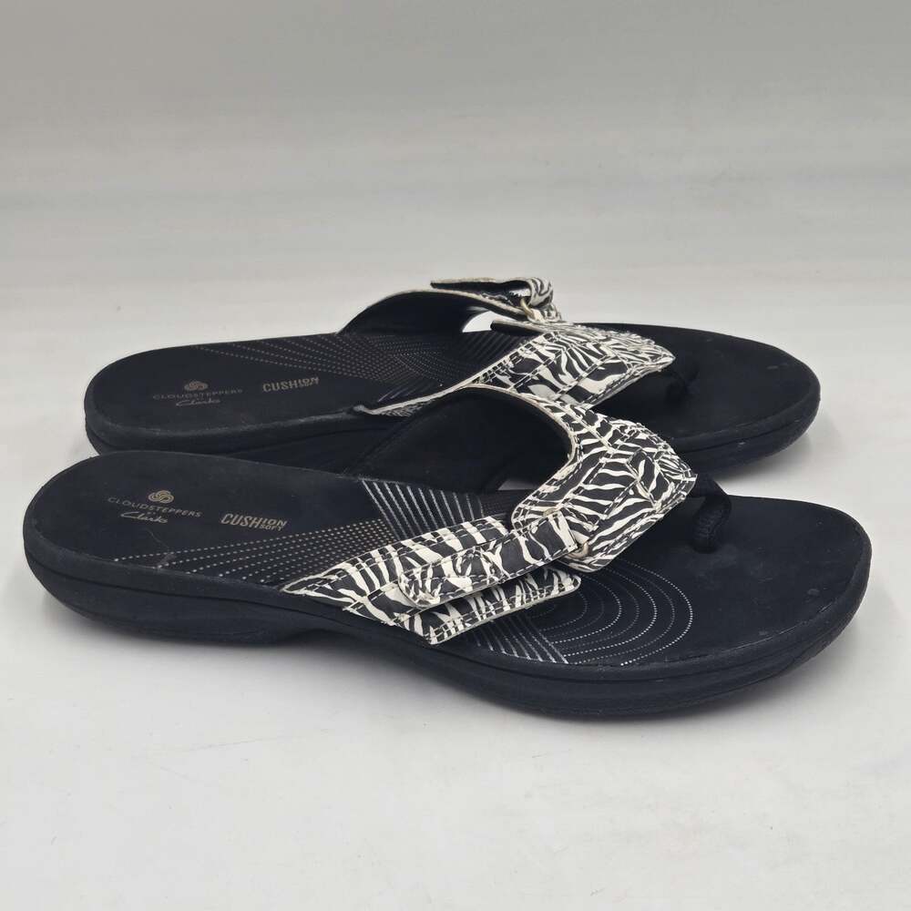Clarks Women's Breeze Sea Flip-Flop, Black White Zebra Print Sz 7 M Comfort